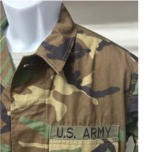 US Army Woodland Camo BDU Shirt Small Long Miller Name Patch Vintage Military - Picture 1 of 5